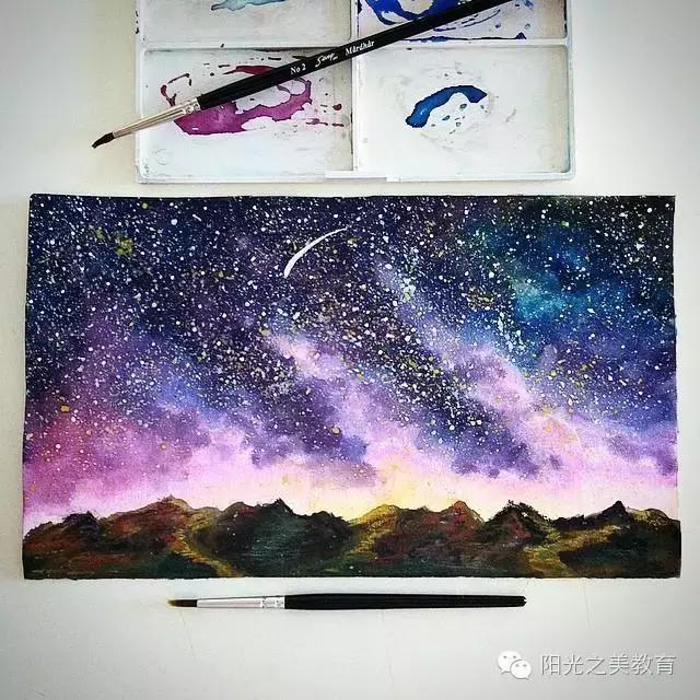 漂亮的水彩星空,冷色系的水彩星空简单