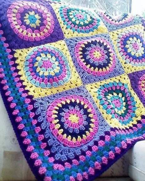 钩针拼花四叶草祖母方格毯,初学钩针100款盖毯教程