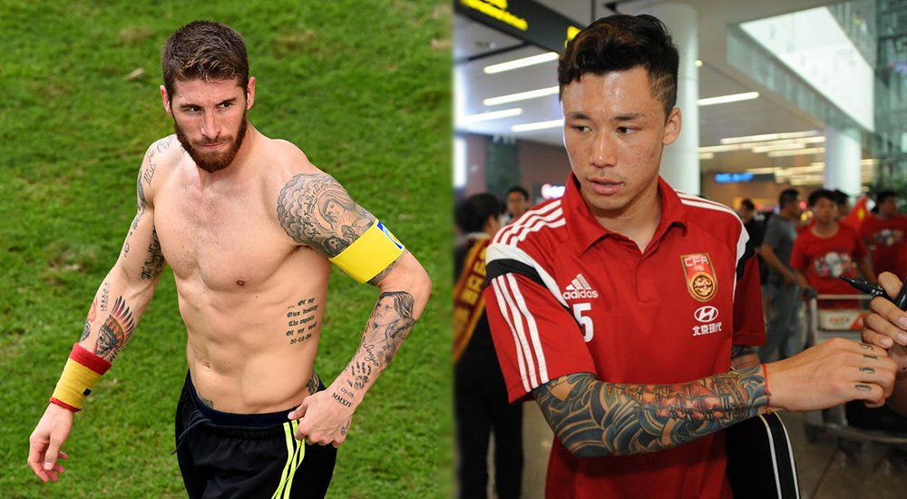 中国国脚的霸气纹身，郑智纹身感人，权健核心同花顺纹身抢眼