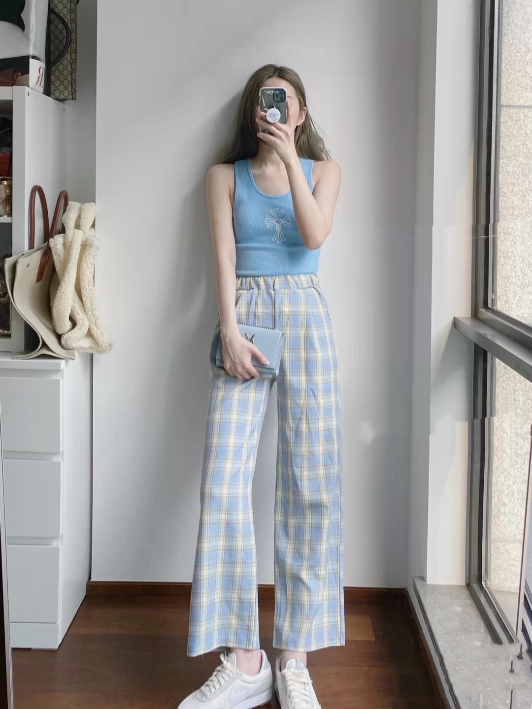 最近很火的格子裤夏天,宽松裤子慵懒风高级感格子裤