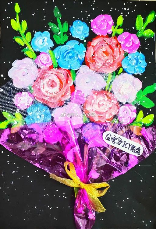 儿童绘画花束创意画,感恩节手工作品花束模版片头片尾