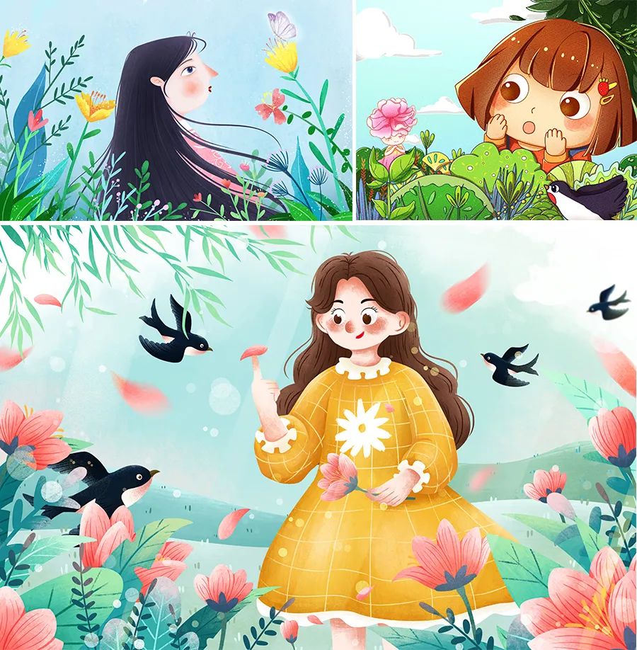春天题材的儿童画人物图,儿童画卡通人物可爱简单