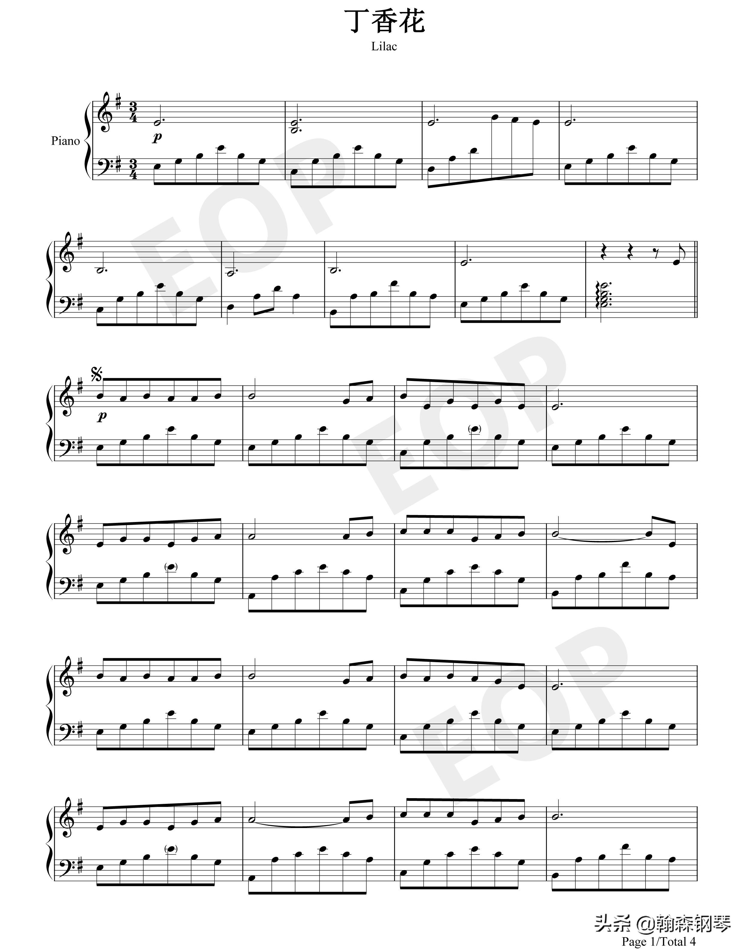 丁香花钢琴简谱左右手图文,钢琴曲丁香花五线谱简易版