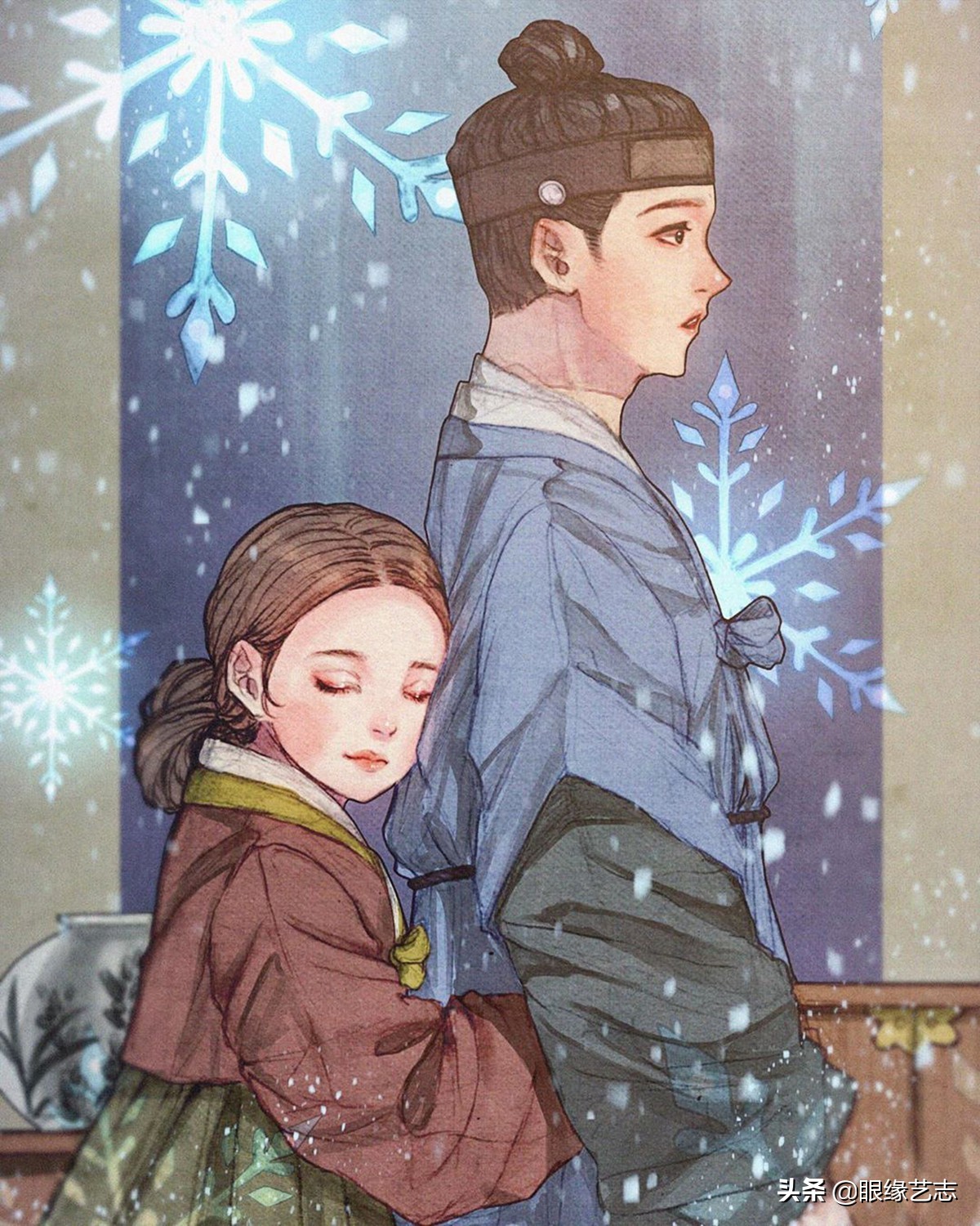 韩式穆夏风插画,韩国传统服饰插画