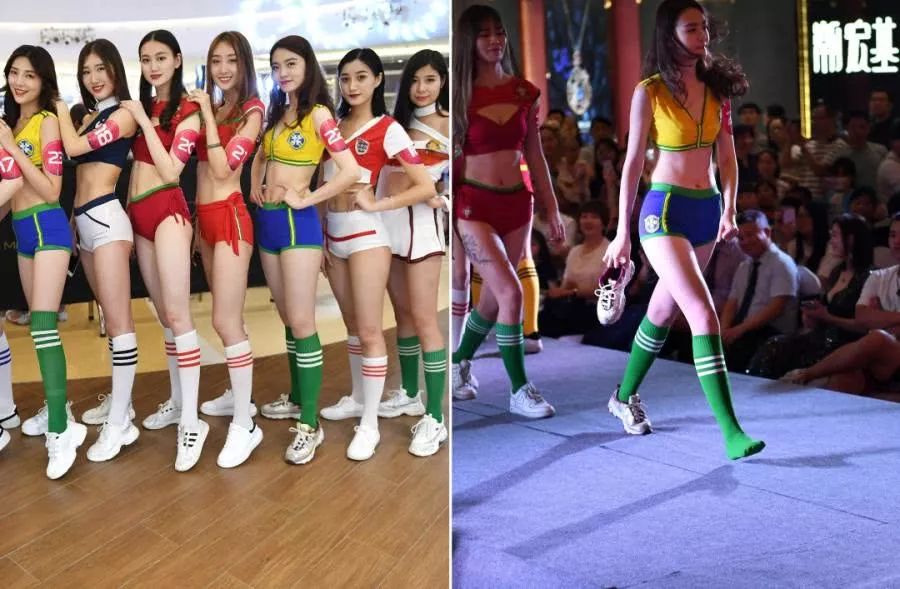 胸模化身足球宝贝,T台走秀鞋子掉了，穿袜子走完全场