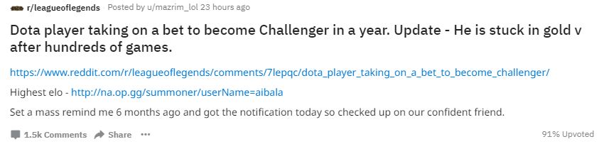 LOL：Dota玩家打赌一年上LOL王者6个月卡在黄金5网友：黄金5？