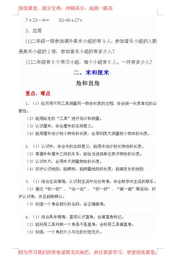 小学二年级数学知识点大全集,二年级上册数学期末试卷2020-2021
