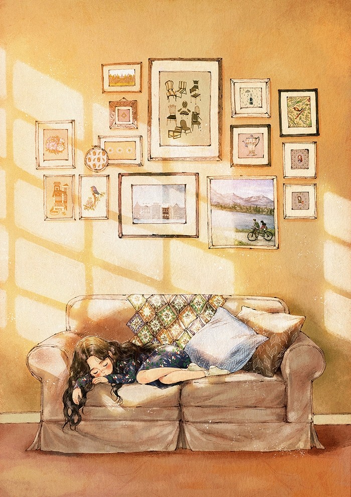 韩国森林女孩冬季插画 (手绘插画森林少女背影图片)