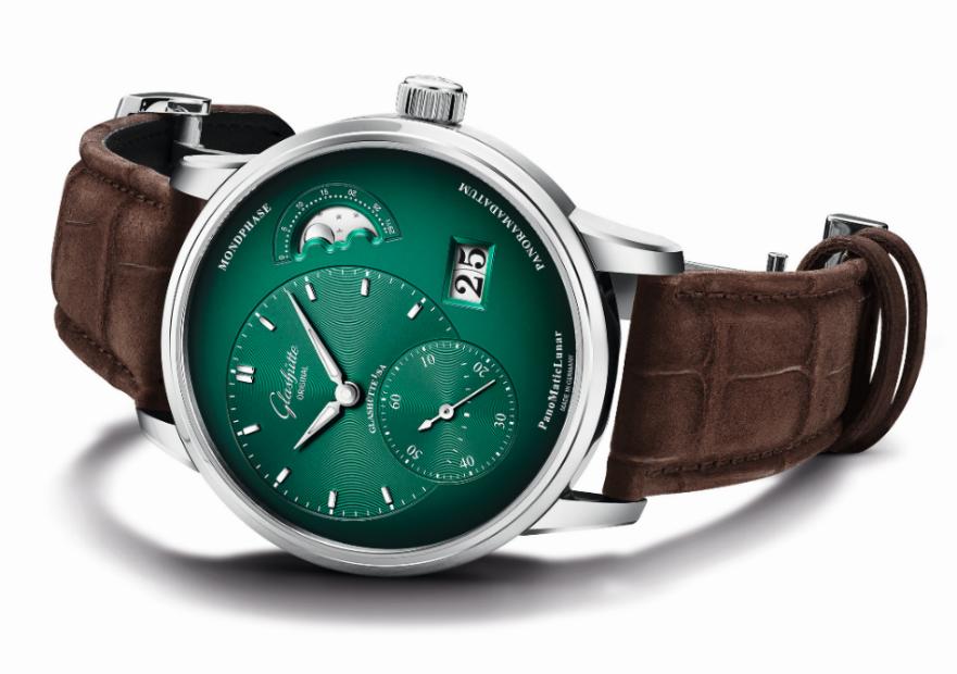 玫瑰金偏心月相腕表,森林绿欧美风太空人表盘