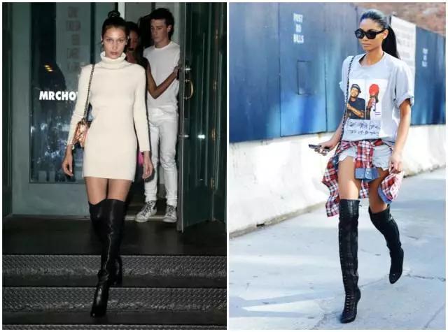 烟灰色牛仔裤怎么搭过膝靴,小香风皮毛外套搭配牛仔裤过膝靴