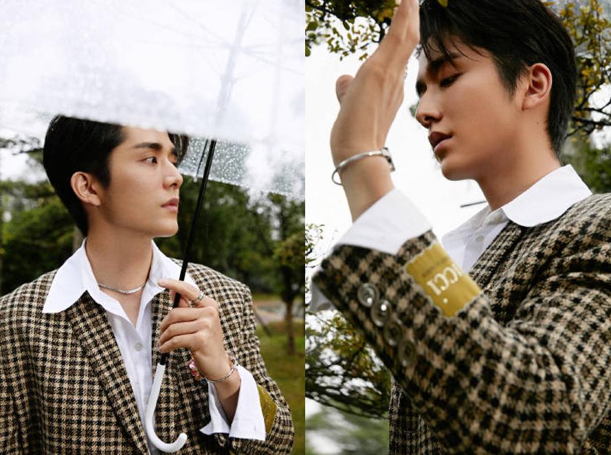 张新成回廊亭穿西服显瘦,县委大院张新成撑伞照片