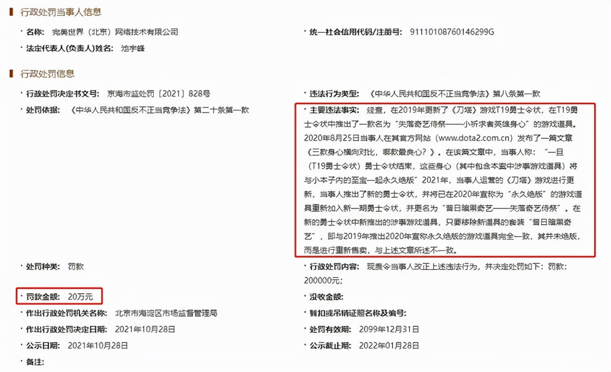 完美世界重新售卖刀塔绝版道具被罚20万；商家售卖盗版奥运口罩被罚5万；腾讯起诉游戏租号平台获赔30万
