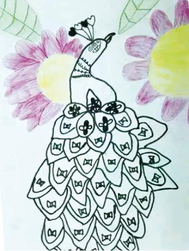 孔雀线描小学生一等奖画大全,黑色卡纸高光笔线描创意画孔雀