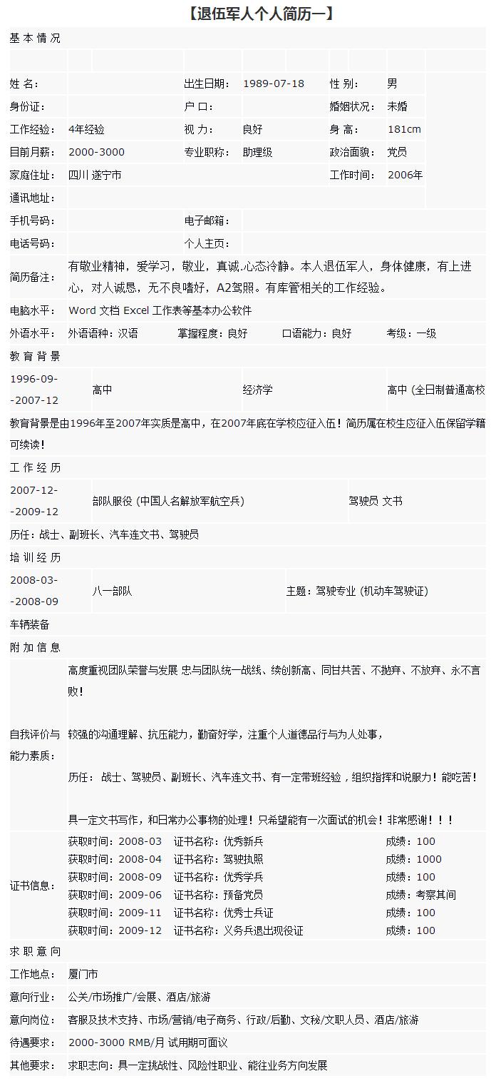 退伍人员的工作经历怎么写,退伍军人求职个人简历怎么写
