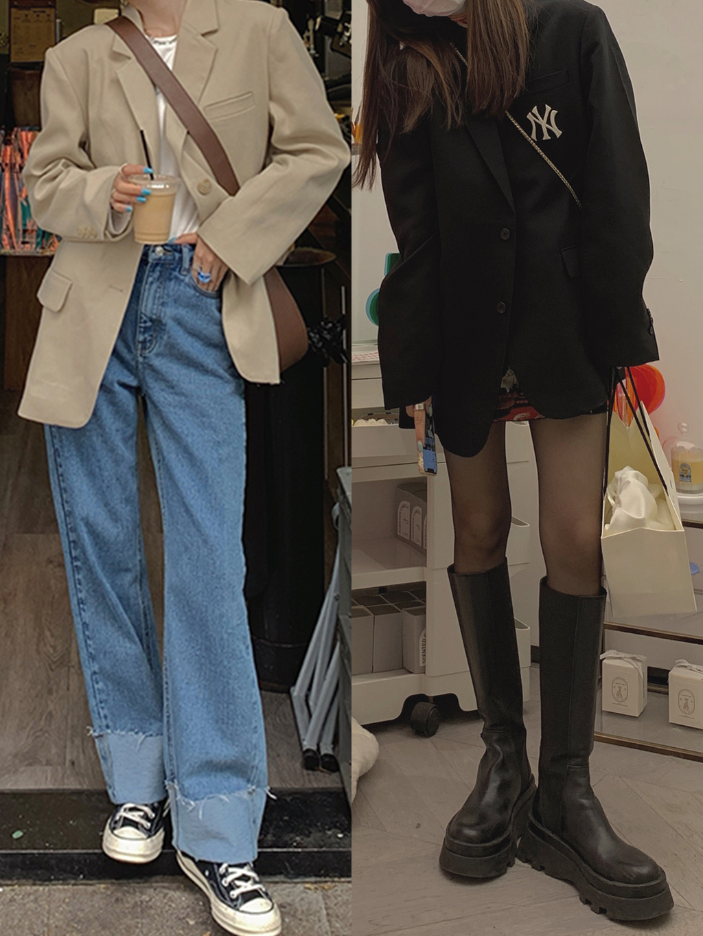 时髦又大方的韩范穿搭 (韩风穿搭格子西装配白色哈伦裤)