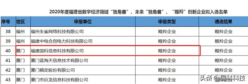 国科科技双喜临门！入选2020年度福建省数字经济领域瞪羚创新企业