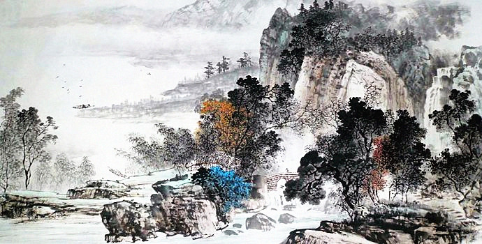 杨昌林山水画,现代水墨林溪山水画