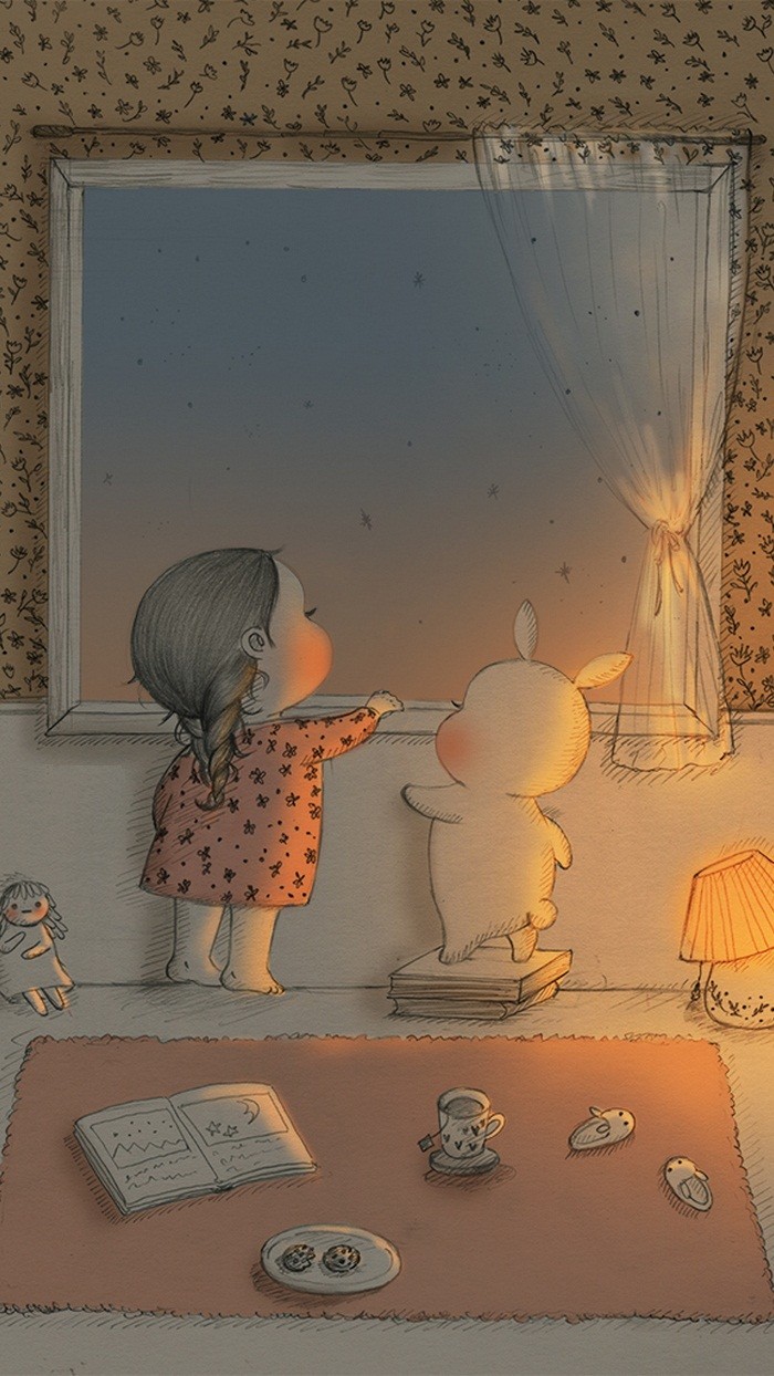 少女与兔子插画,兔子手绘创意插画