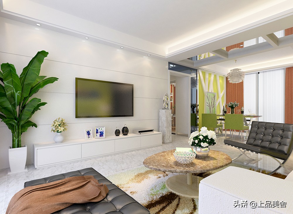 小户型客厅沙发绿色背景效果图,现代简约橙色沙发背景效果图