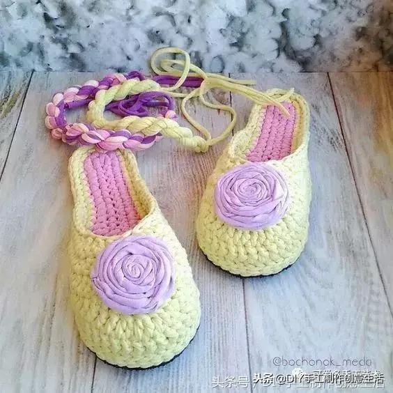 布条线桃花拖鞋编织教程,旧布条编拖鞋方法