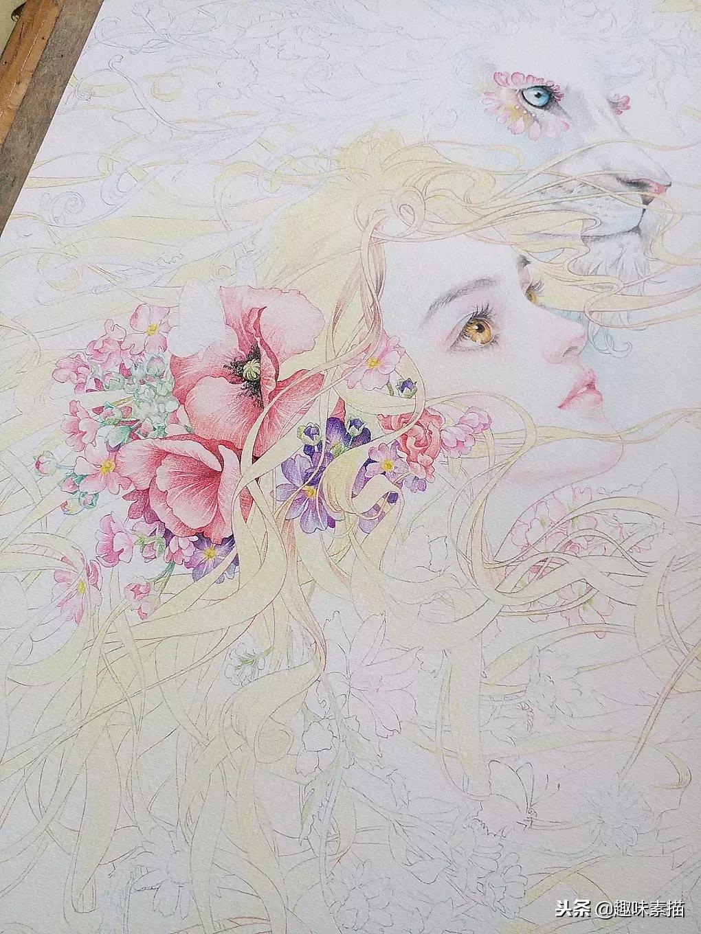 超精细彩铅人像素描,简单又漂亮的彩铅插画