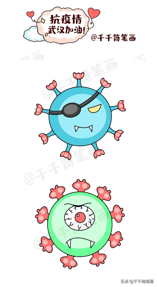 简笔画冠状病毒儿童画,抗击新型冠状病毒手绘画儿童黑白