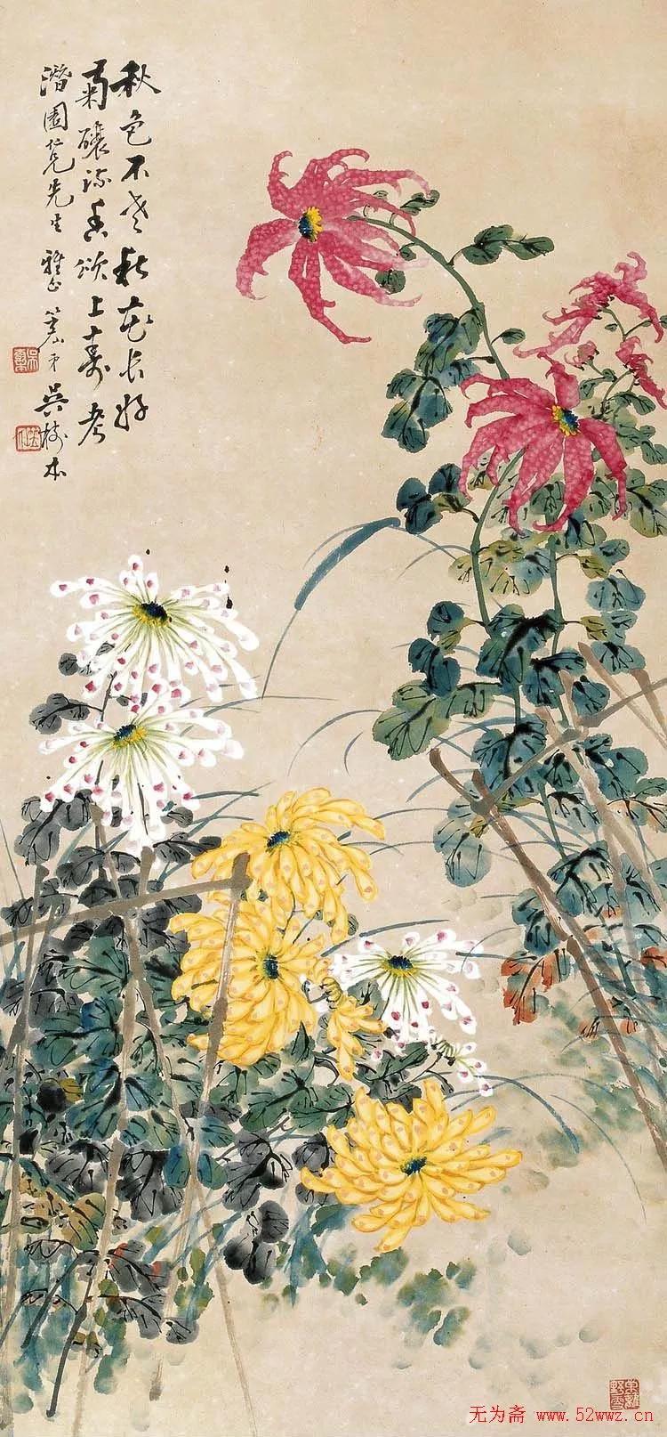 国画写意菊花精品100幅,吴昌硕的写意菊花高雅古朴之大美