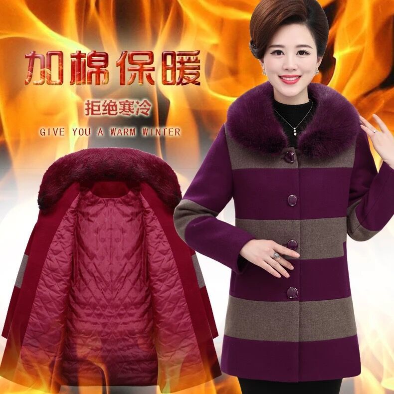 秋冬新款时尚毛呢外套爆款套装,老年人加绒加厚外套女装中长款