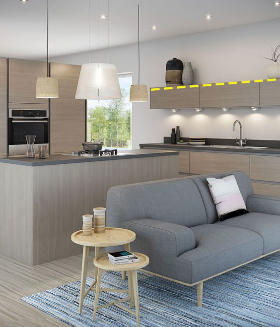 厨房吊柜做个矮10公分处理，等于多个橱柜台面，怪不得效果强2倍