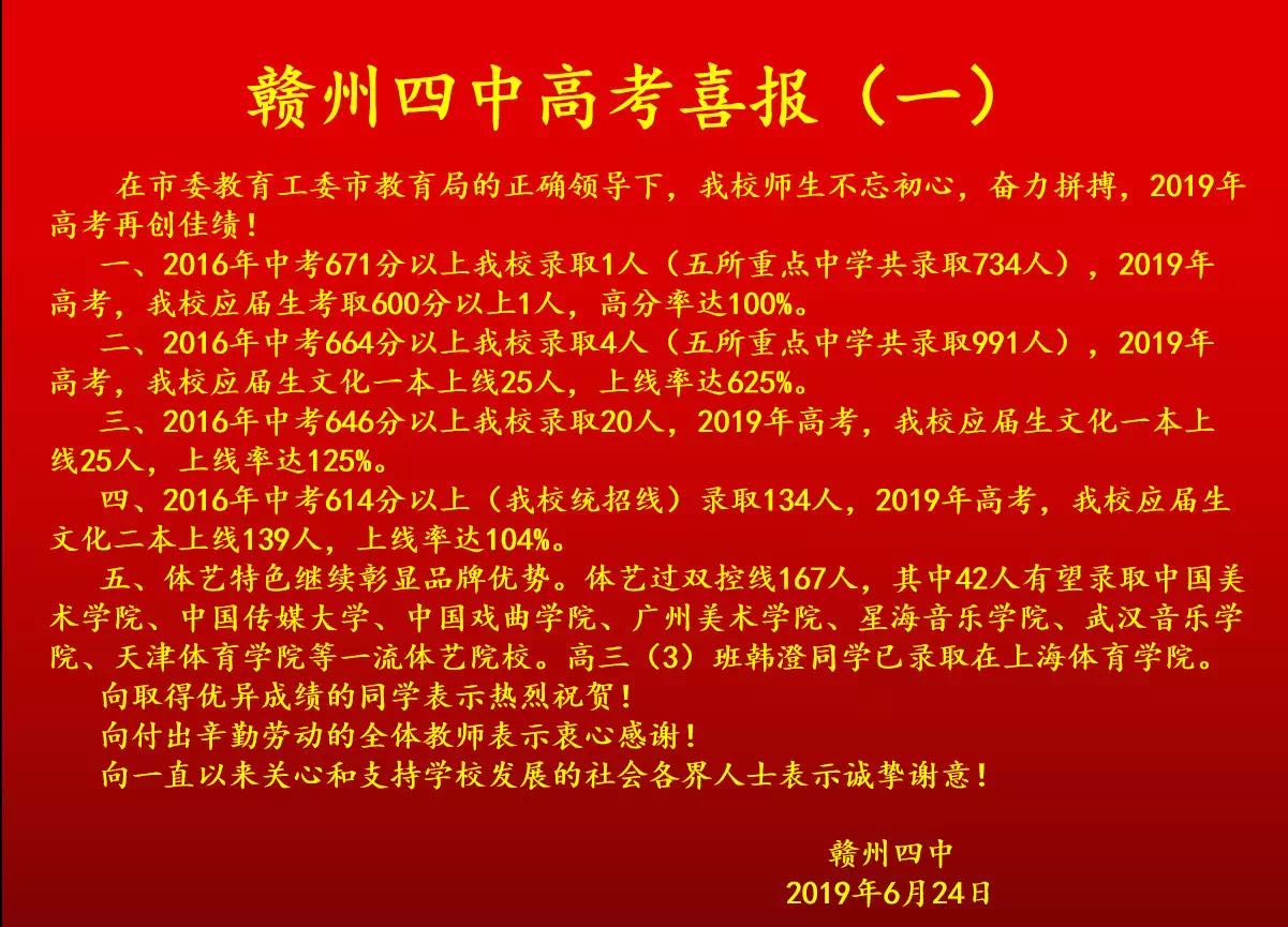 赣州四中2019高考成绩,赣州四中高考升学率
