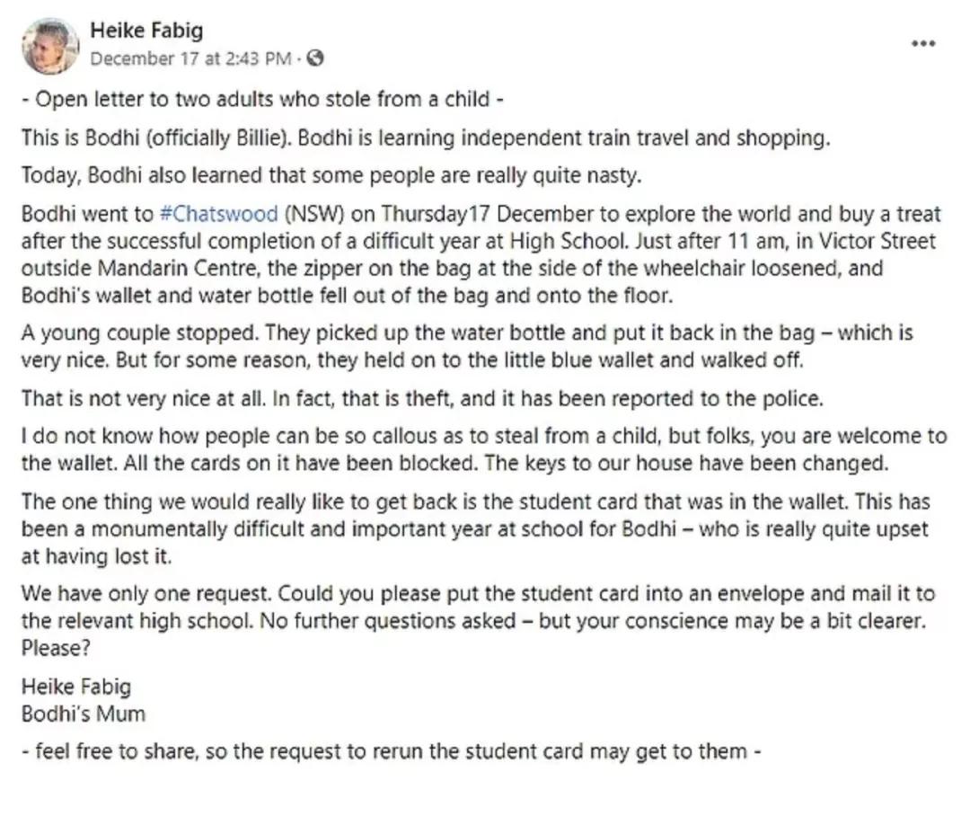 无耻！悉尼夫妇假意帮助残疾男孩，趁其不备偷走钱包