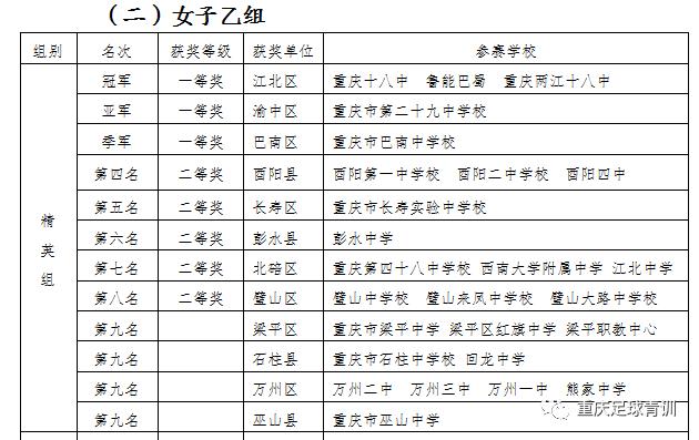 2017年重庆校园足球总决赛,重庆市校园足球总决赛乙组