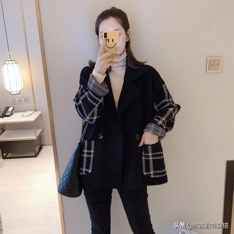 时尚西装领格子外套女秋冬新款韩版宽松小个子呢子大衣
