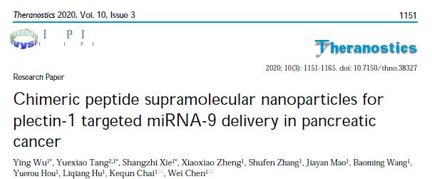 陈伟/柴可群Theranostics：嵌合肽超分子纳米颗粒用于靶向递送miRNA-9用于治疗胰腺癌