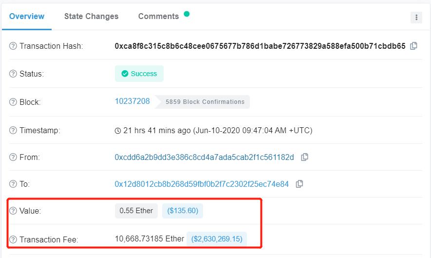 土豪转账：转0.5枚ETH支付260万美元手续费，手误or洗钱？