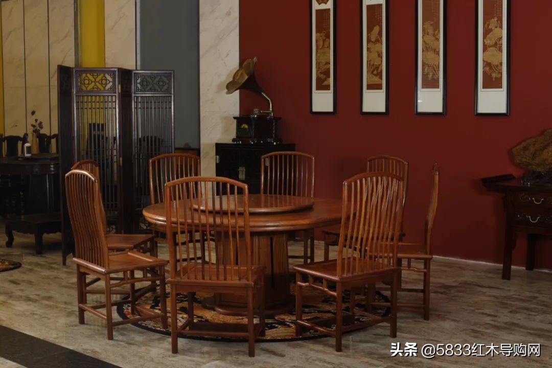 矮式四方中式高档红木餐桌,雕花圆形组合中式红木餐桌