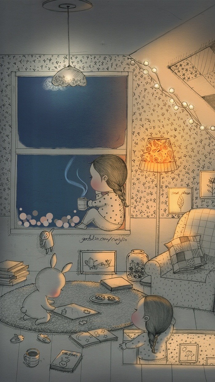 少女与兔子插画,兔子手绘创意插画