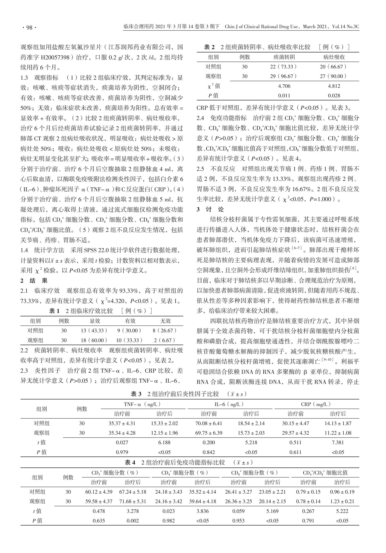 左氧氟沙星治疗结核病的疗效观察,耐药肺结核用几种药物联合治疗