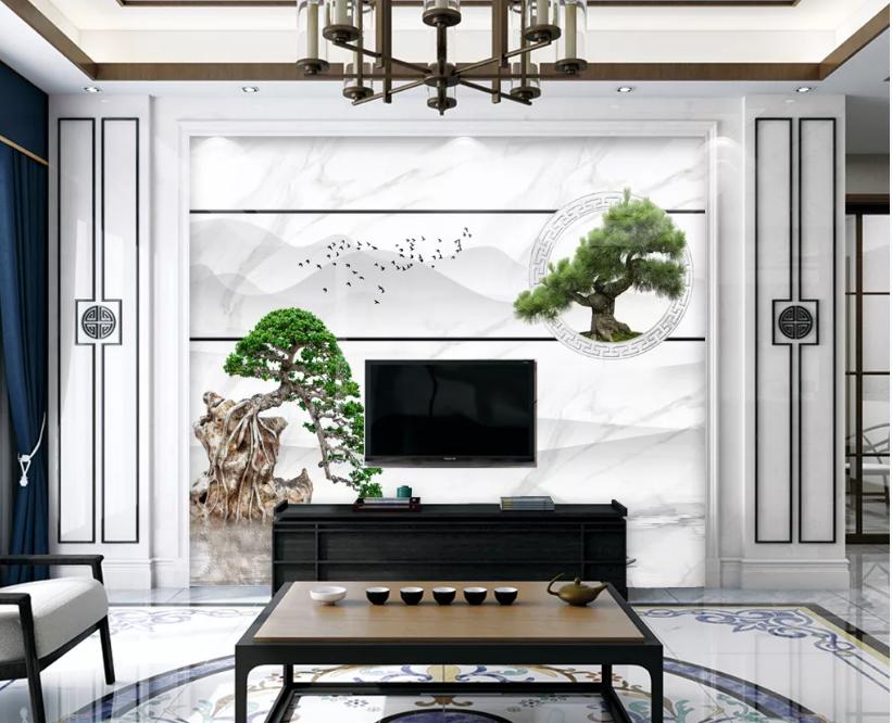新中式石材背景墙效果图,新中式灰色瓷砖乳胶漆电视背景墙