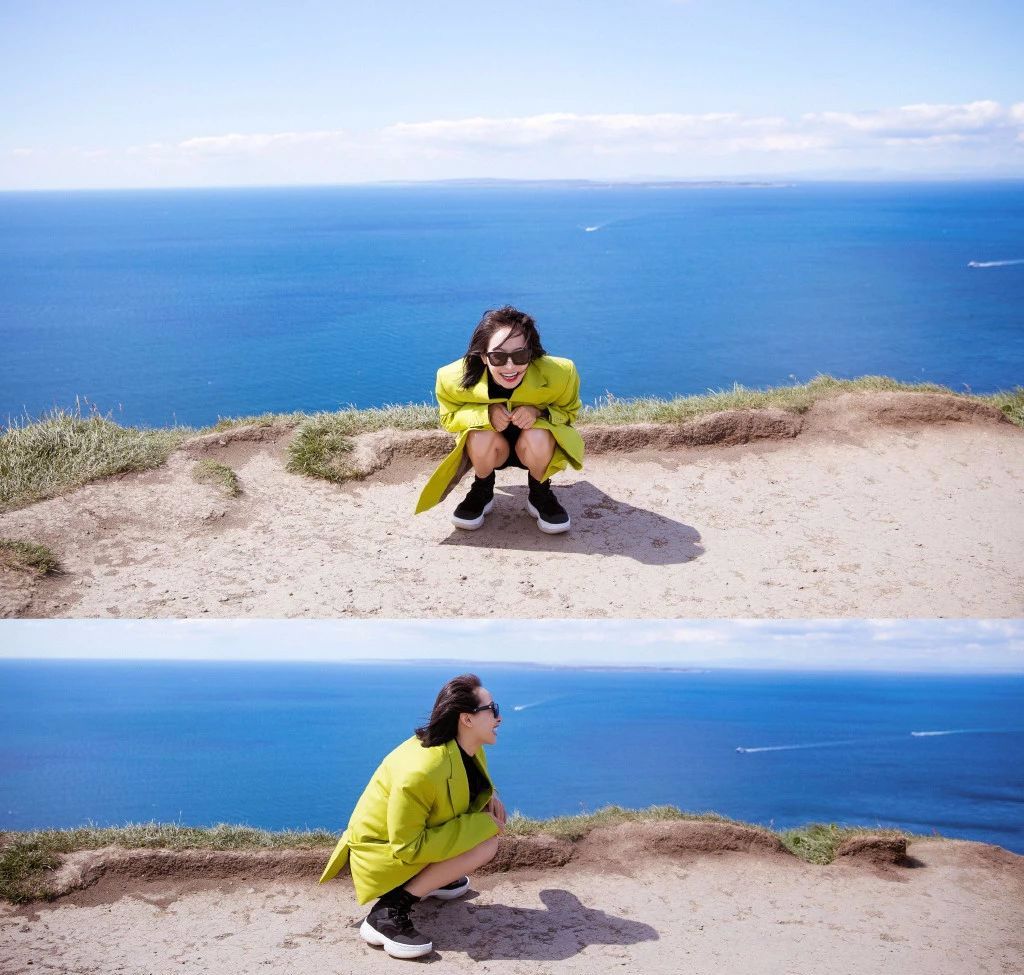 宋茜你为什么还单身？爱尔兰旅行一身芥末绿西装还露腿明媚美好