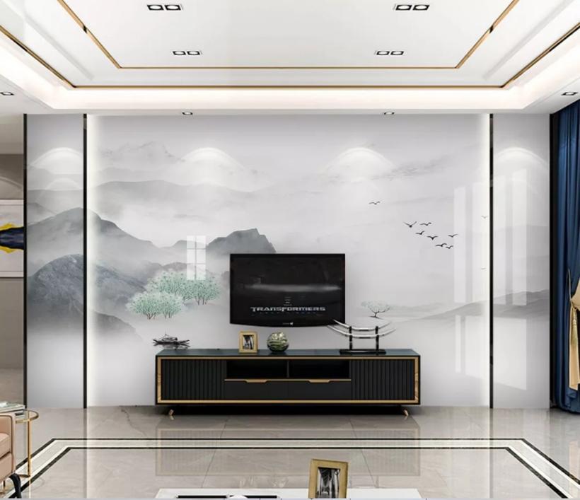 新中式石材背景墙效果图,新中式灰色瓷砖乳胶漆电视背景墙