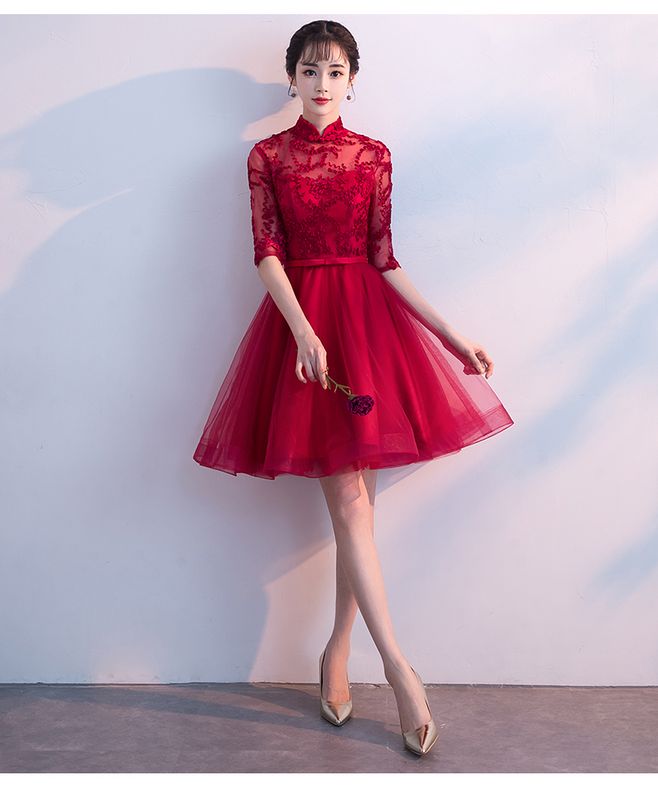 高个子新娘敬酒高档礼服秋季新款,适合小个子的敬酒礼服高级酒红色