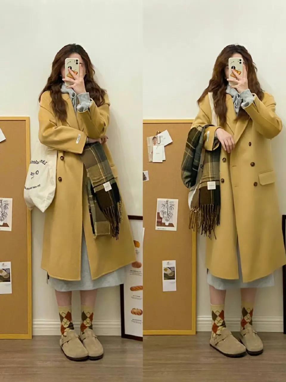 韩版宽松慵懒风长款大衣女穿搭,冬季毛呢大衣穿搭女生韩版