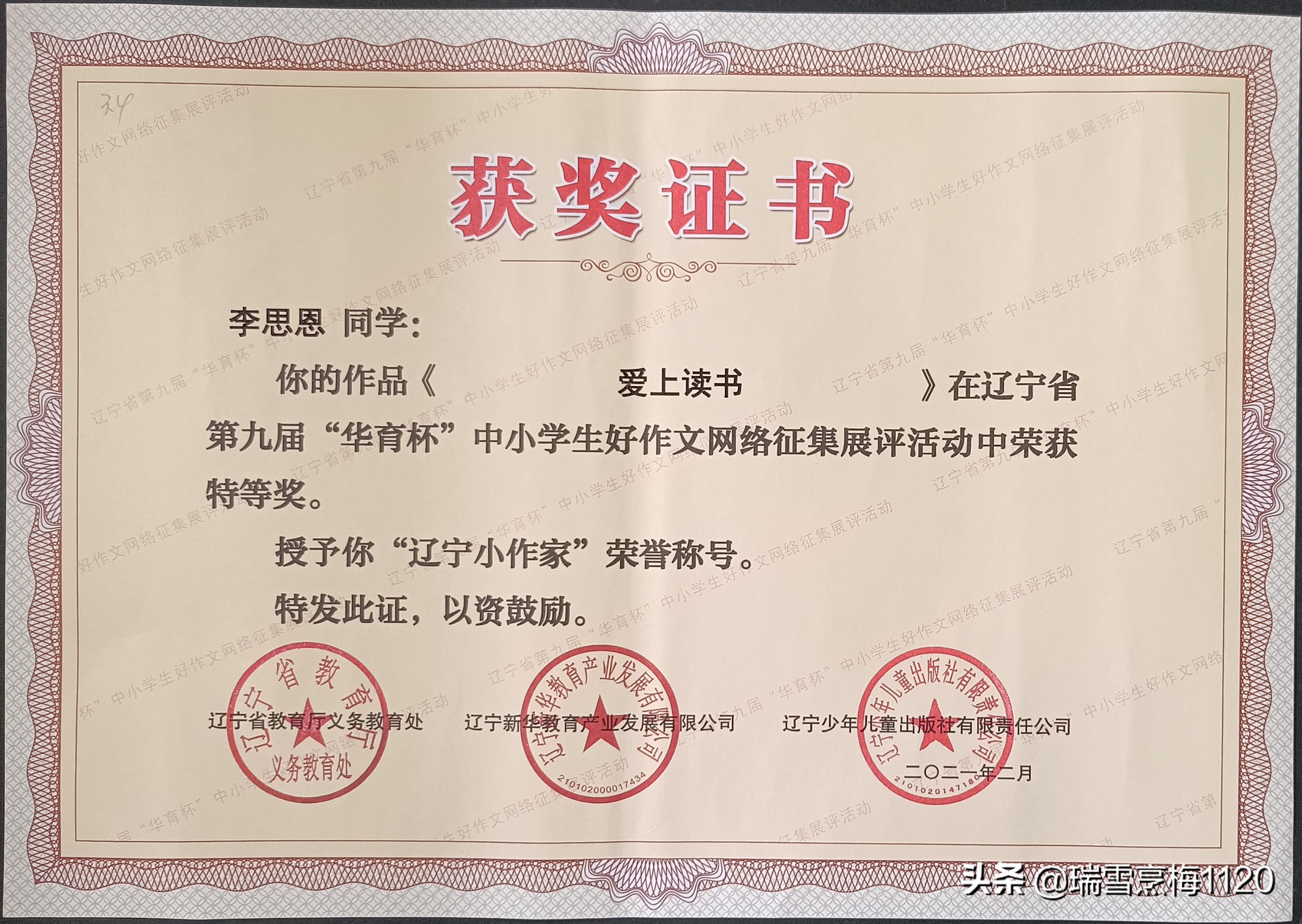 辽宁省第九届华育杯作文获奖名单,作文竞赛获奖喜报美篇