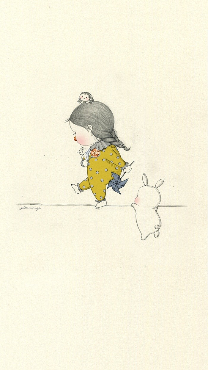 少女与兔子插画,兔子手绘创意插画