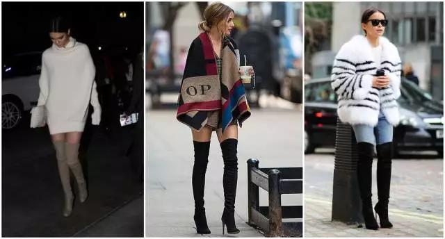 烟灰色牛仔裤怎么搭过膝靴,小香风皮毛外套搭配牛仔裤过膝靴