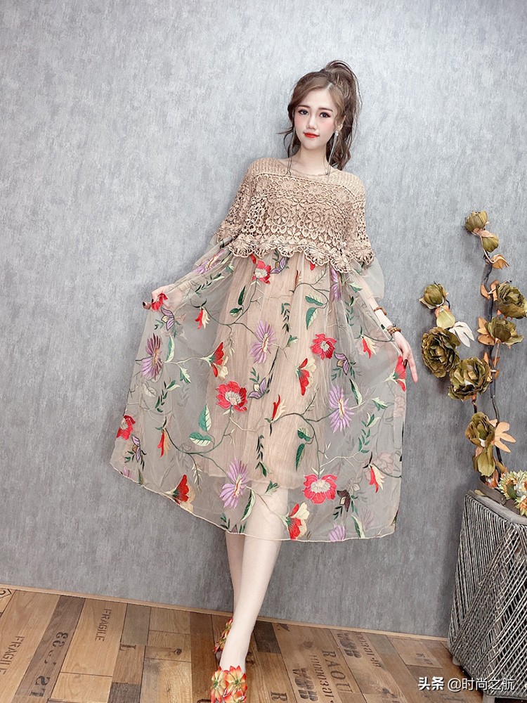 丝质仙气连衣裙,高端飘逸暗色花连衣裙清新超仙气