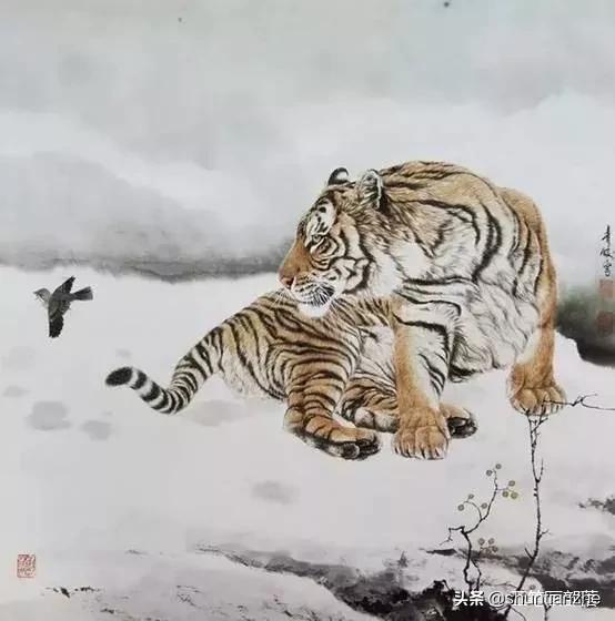 工笔老虎技法教学视频,工笔老虎胸毛的撕毛法