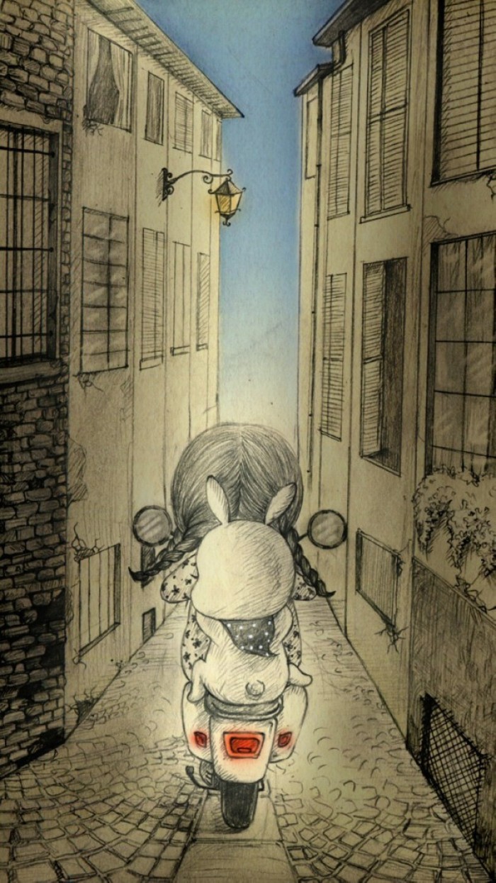 少女与兔子插画,兔子手绘创意插画