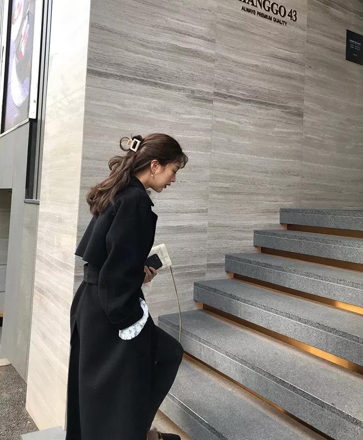 韩系欧尼风衣外套,韩国欧尼黑色大衣搭配